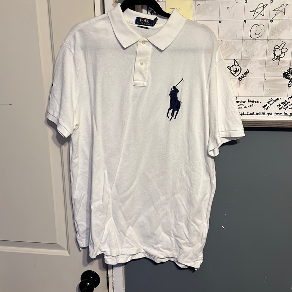 XL Custom Slim Fit White Big Pony Mesh Polo